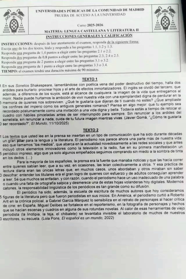 Examen resuelto de la asignatura Lengua Castellana y Literatura II de la PAU Madrid 2026 1 Examen resuelto de la asignatura Lengua Castellana y Literatura II de la PAU Madrid 2026