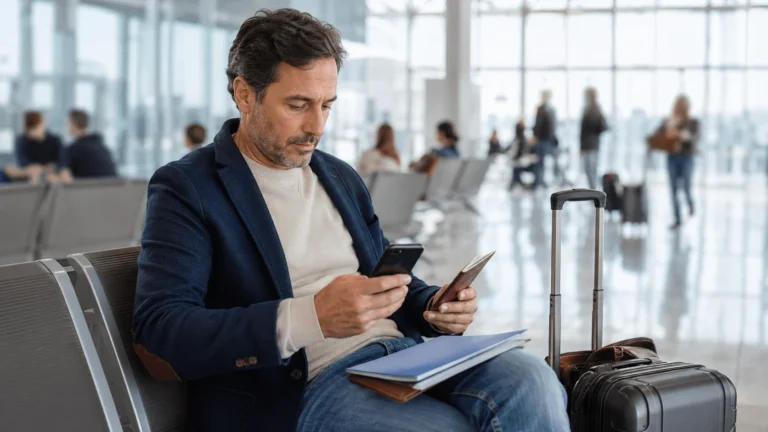 Viajero consulta su móvil y pasaporte antes de salir al extranjero mientras cobra el paro
