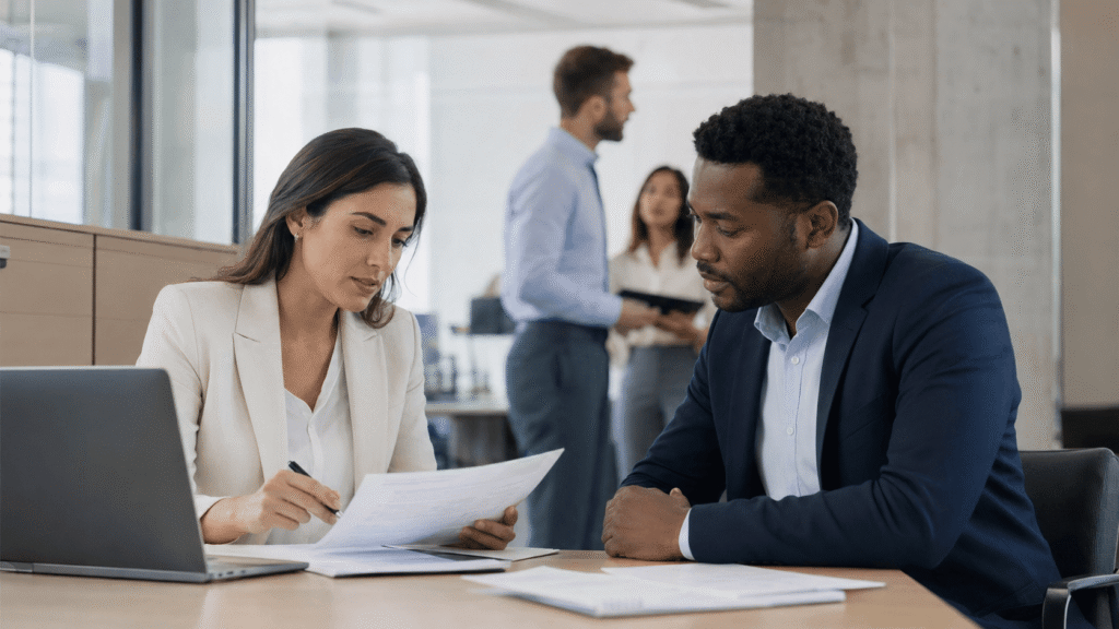 Profesional de selección revisando una candidatura internacional para trabajar en la Unión Europea
