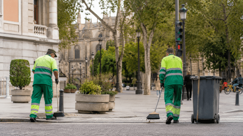 Operarios realizando trabajos de mantenimiento en un espacio público de Sevilla
