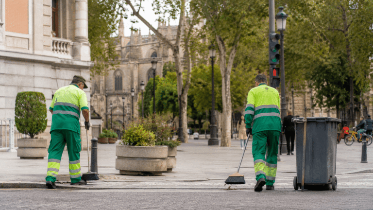 Operarios realizando trabajos de mantenimiento en un espacio público de Sevilla