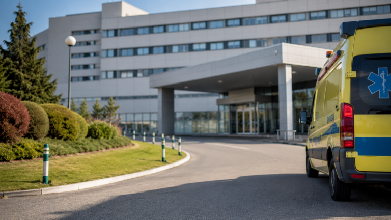 Hospital con vehículo de emergencias para la convocatoria de médicos de Urgencias del Sergas en Ourense