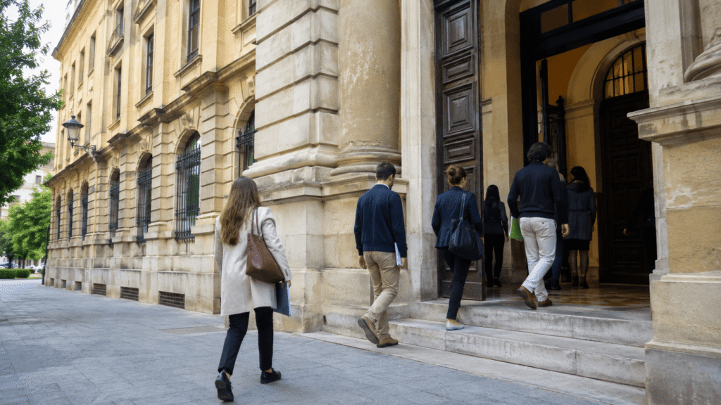Personas accediendo a un edificio administrativo en Gipuzkoa durante una convocatoria de empleo público