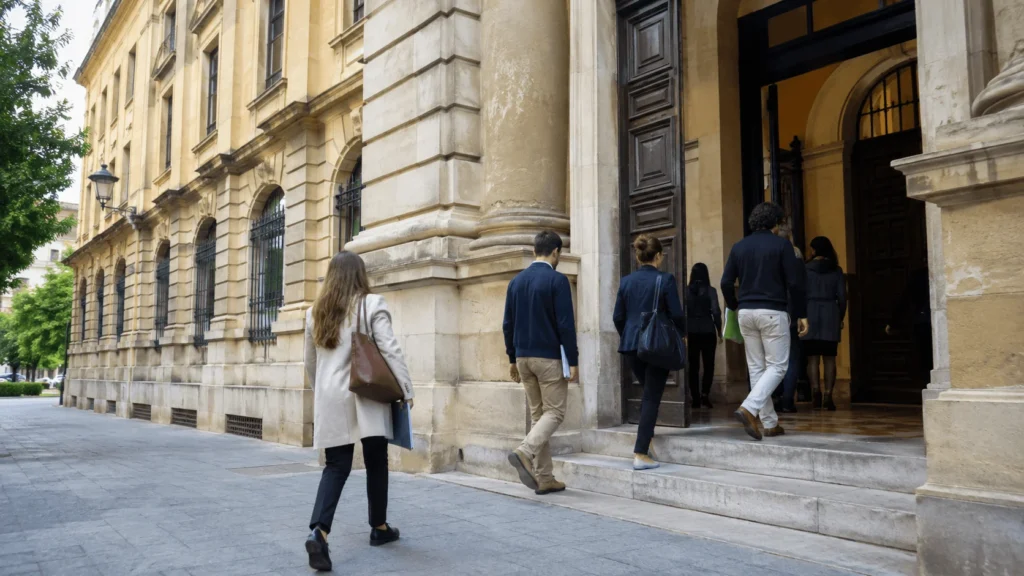Personas accediendo a un edificio administrativo en Gipuzkoa durante una convocatoria de empleo público