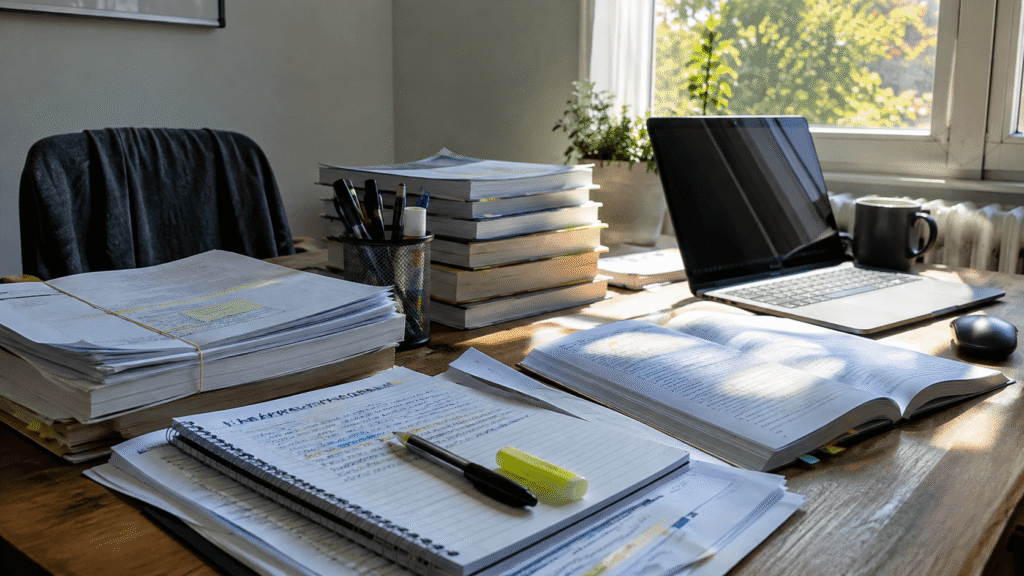 Mesa de estudio con temario y documentación para preparar unas oposiciones de Técnico de Administración General.