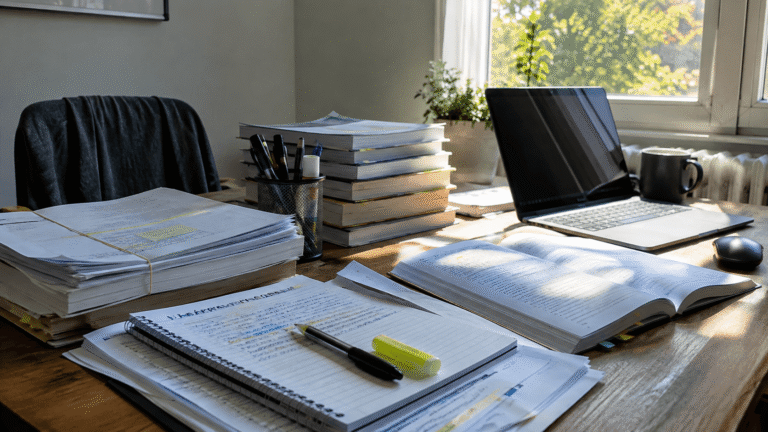 Mesa de estudio con temario y documentación para preparar unas oposiciones de Técnico de Administración General.