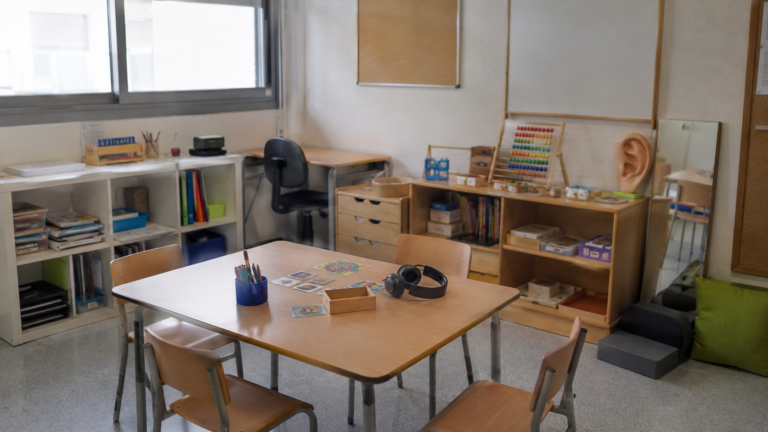 Aula de apoyo educativo con material didáctico y recursos para audición y comunicación