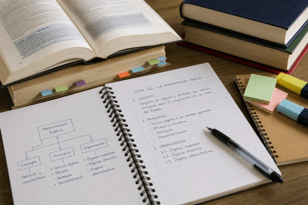 Cuaderno con un tema de oposición desarrollado junto a libros y material de estudio