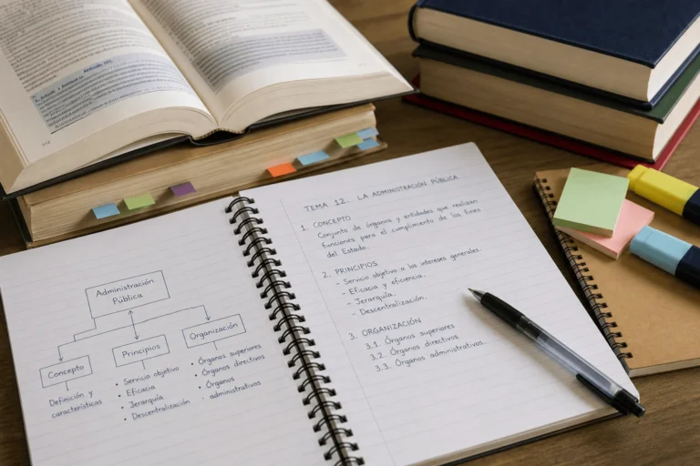 Cuaderno con un tema de oposición desarrollado junto a libros y material de estudio