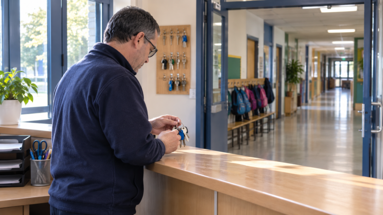 Conserje preparando el acceso en el interior de un centro escolar