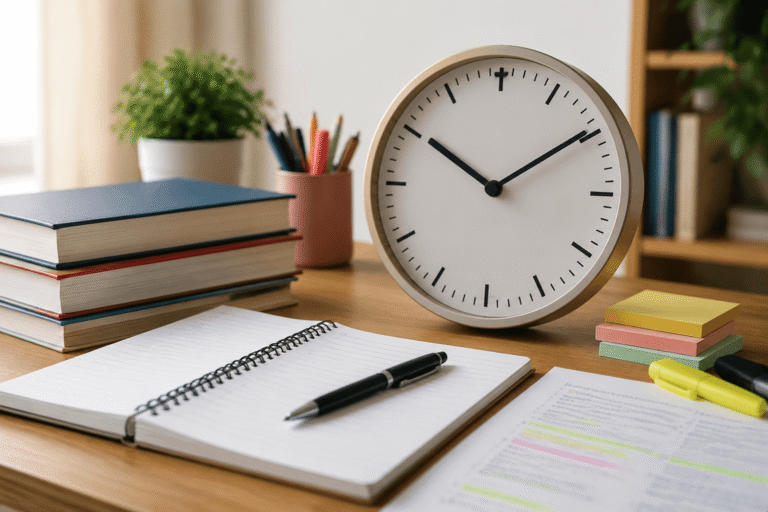 Reloj junto a libros y apuntes para estudiar una oposición