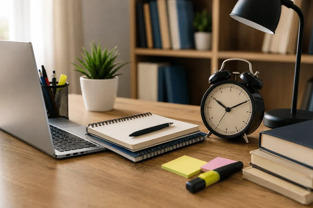 Mesa de estudio con portátil, cuadernos y reloj para preparar las oposiciones TAI
