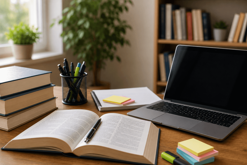 Mesa de estudio con libros, apuntes y portátil para preparar el temario de una oposición
