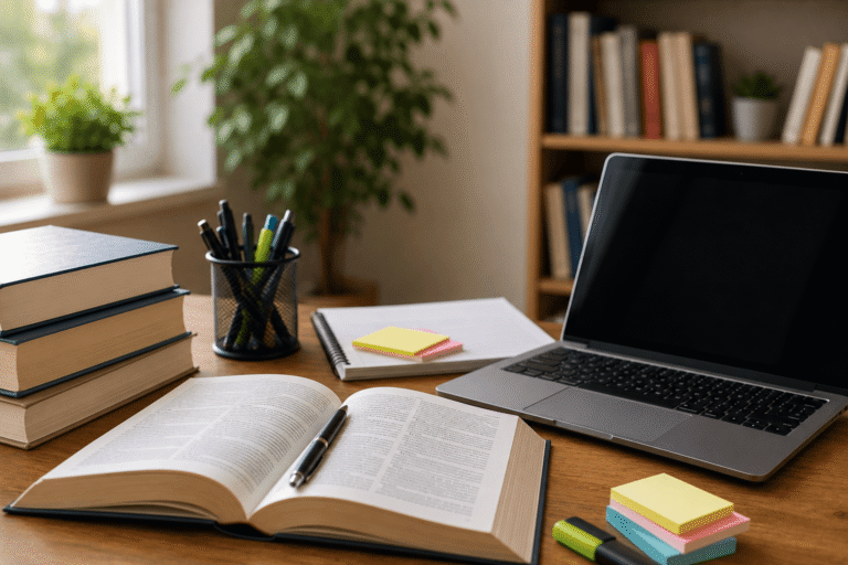 Mesa de estudio con libros, apuntes y portátil para preparar el temario de una oposición