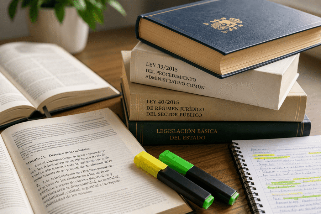 Libros de legislación española y una ley abierta con artículos subrayados para preparar una oposición.