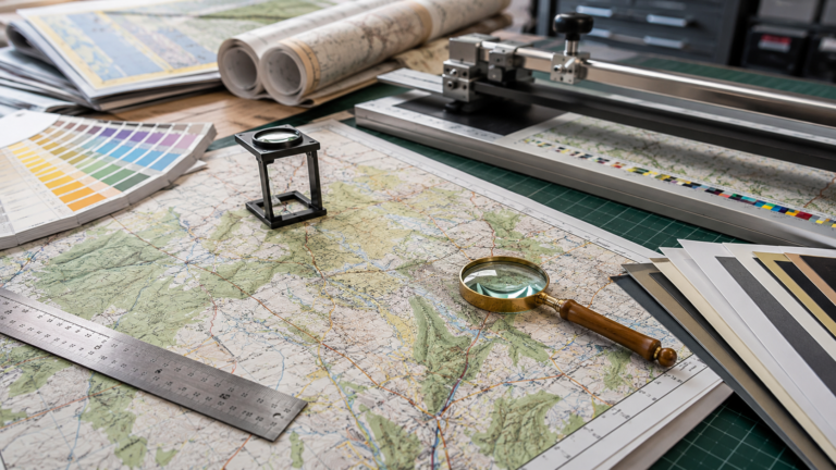 Material de producción cartográfica con mapas, instrumentos de medición y muestras de color