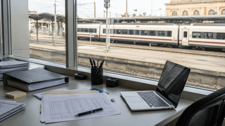 Mesa de trabajo administrativo junto a una estación ferroviaria