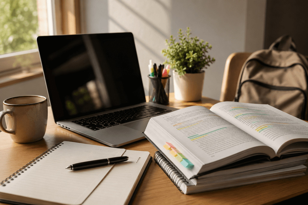 Mesa de estudio para compaginar trabajo y preparación de oposiciones