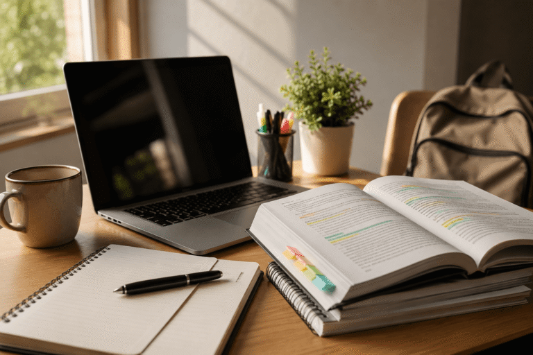 Mesa de estudio para compaginar trabajo y preparación de oposiciones