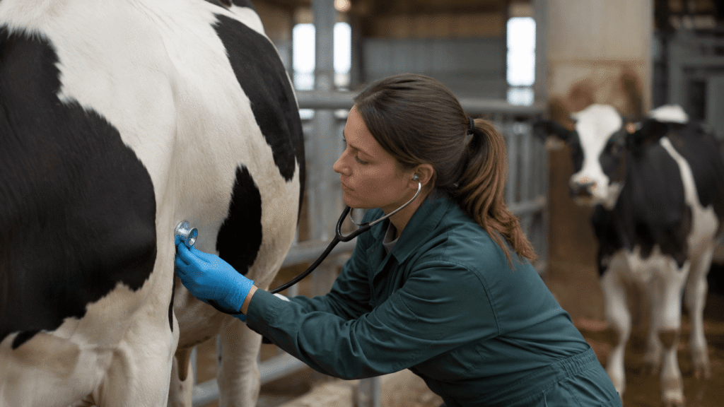 Veterinaria realizando una revisión sanitaria a una vaca