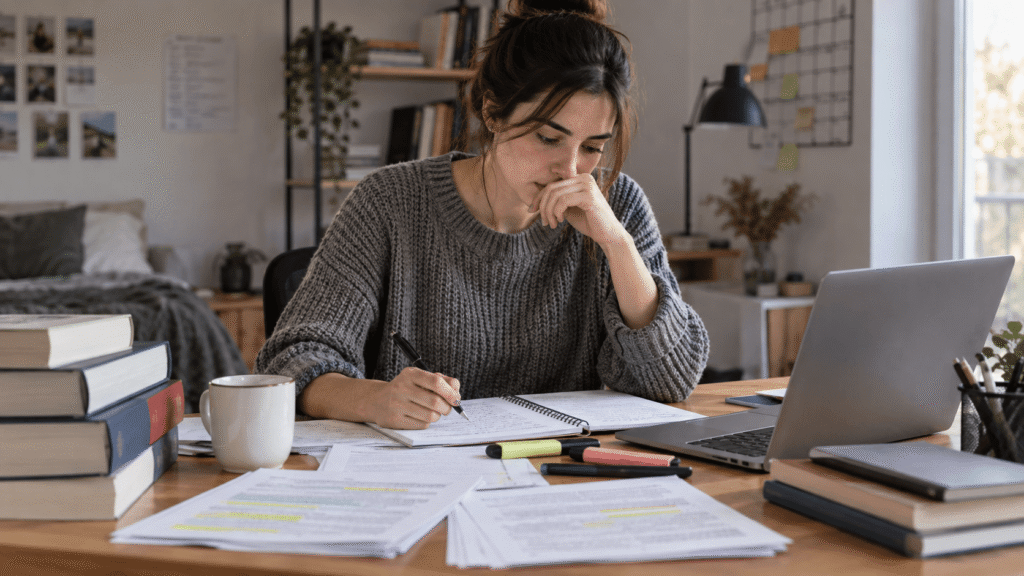 Opositora estudiando Administrativo del Estado en casa con apuntes y portátil