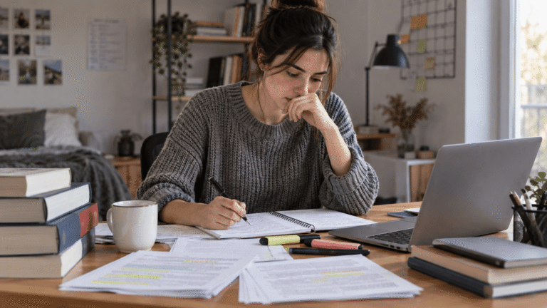 Opositora estudiando Administrativo del Estado en casa con apuntes y portátil