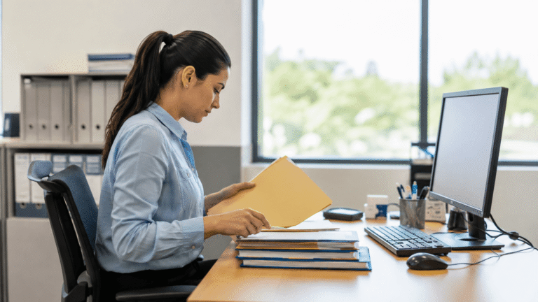 Persona organizando documentación en un puesto de trabajo administrativo
