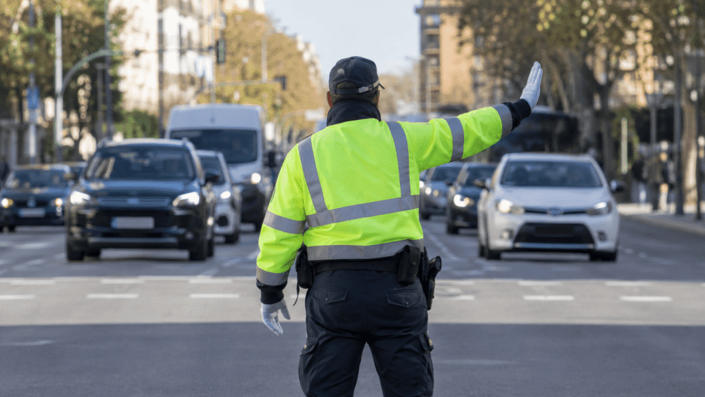 Agente de movilidad regulando el tráfico en una vía urbana