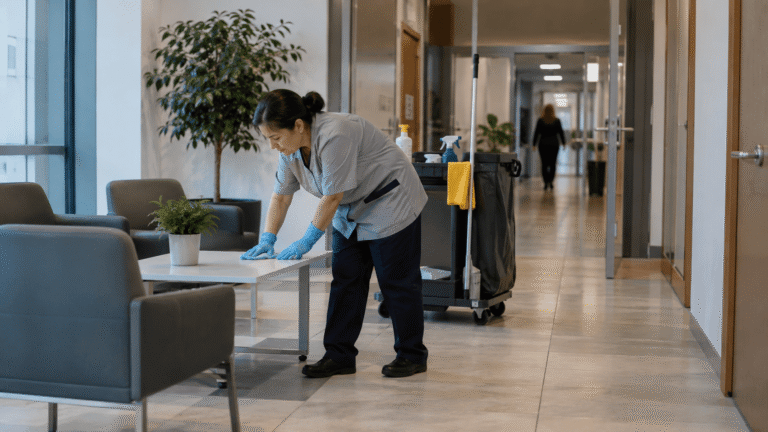 Empleada de servicios realizando tareas de limpieza en un edificio administrativo