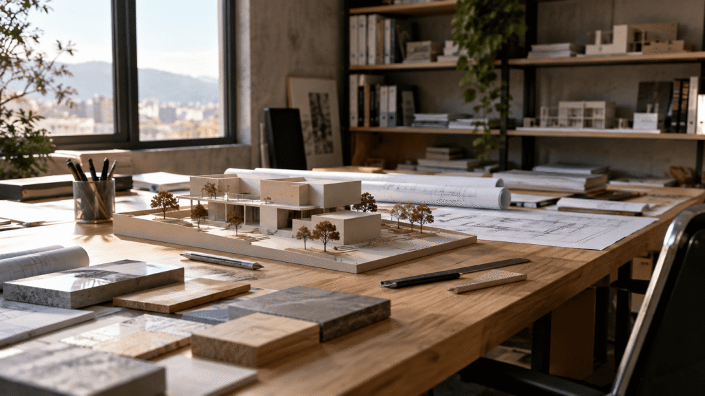 Mesa de trabajo de arquitectura con maqueta y material técnico