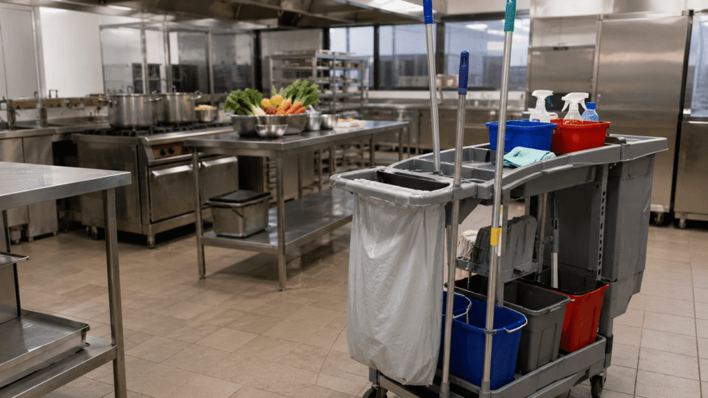 Cocina de un centro educativo con material de limpieza