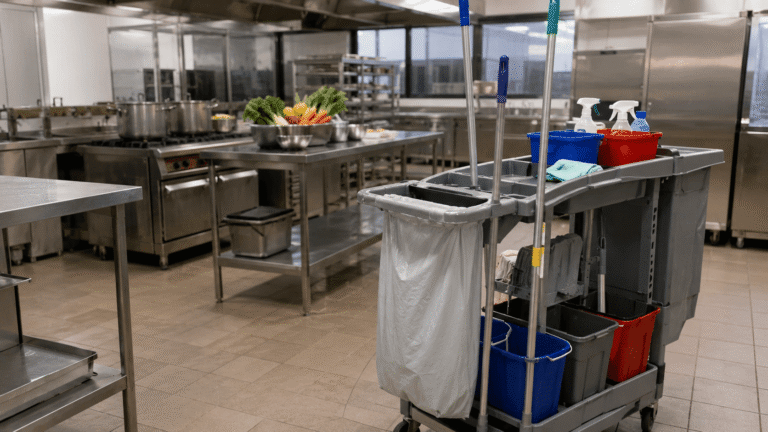 Cocina de un centro educativo con material de limpieza