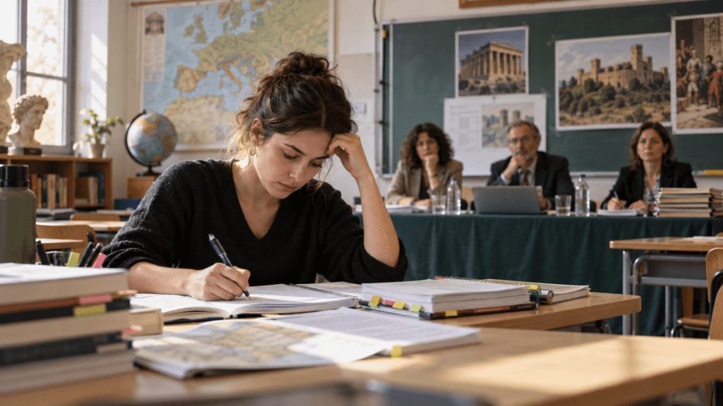 Aspirante preparando las oposiciones de Secundaria ante un tribunal