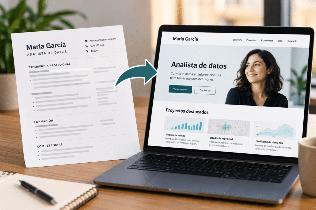 urrículum en papel junto a un portátil con una web personal profesional