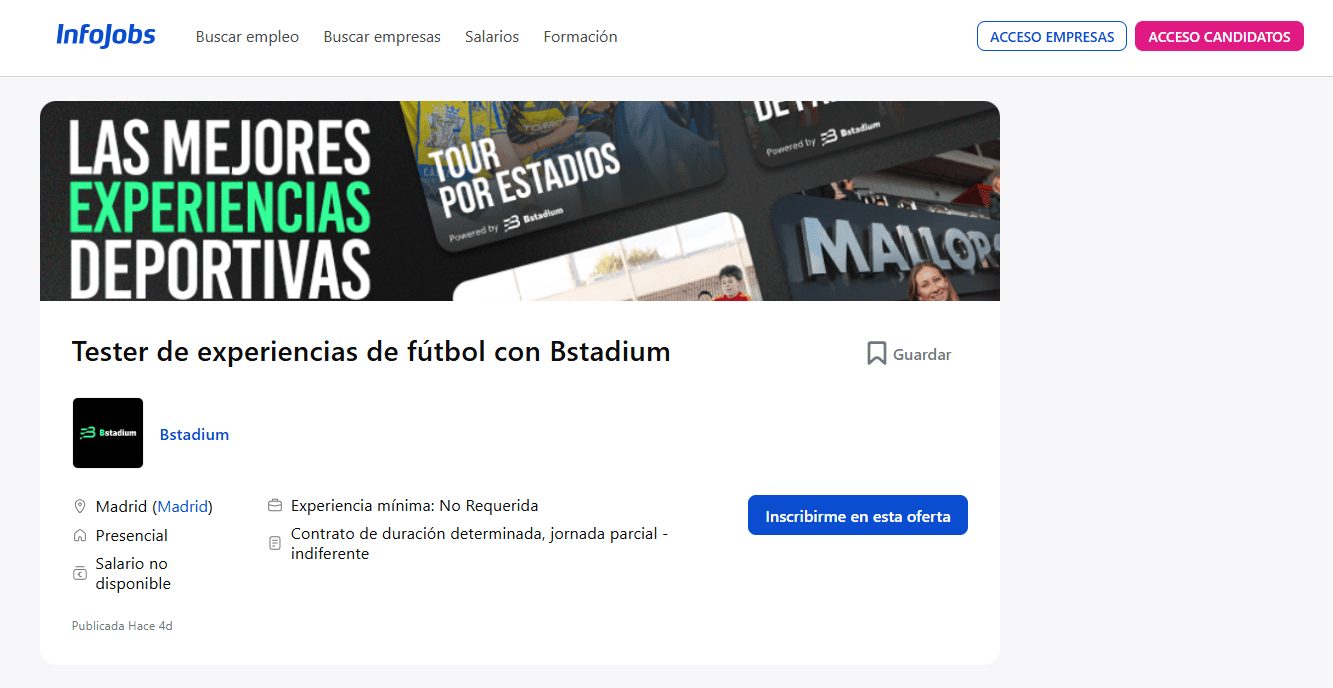 Cool Job de InfoJobs y Bstadium: ¿y si tu próximo trabajo fuera disfrutar del fútbol? 1 Oferta "Tester de experiencias de fútbol con Bstadium" publicada en el portal de empleo infojobs.net