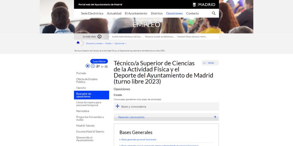 Convocatoria para 38 plazas de Técnico/a Superior en Ciencias de la Actividad Física y el Deporte.