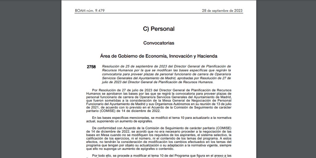 Convocatoria de oposiciones con 104 plazas de Operario/a de Servicios Generales en el Ayuntamiento de Madrid