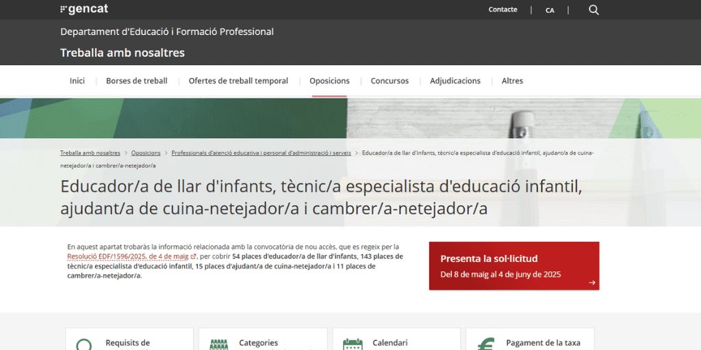 Convocatoria para cubrir 223 plazas en el Departamento de Educación de la Generalitat de Catalunya (Educación infantil, co...