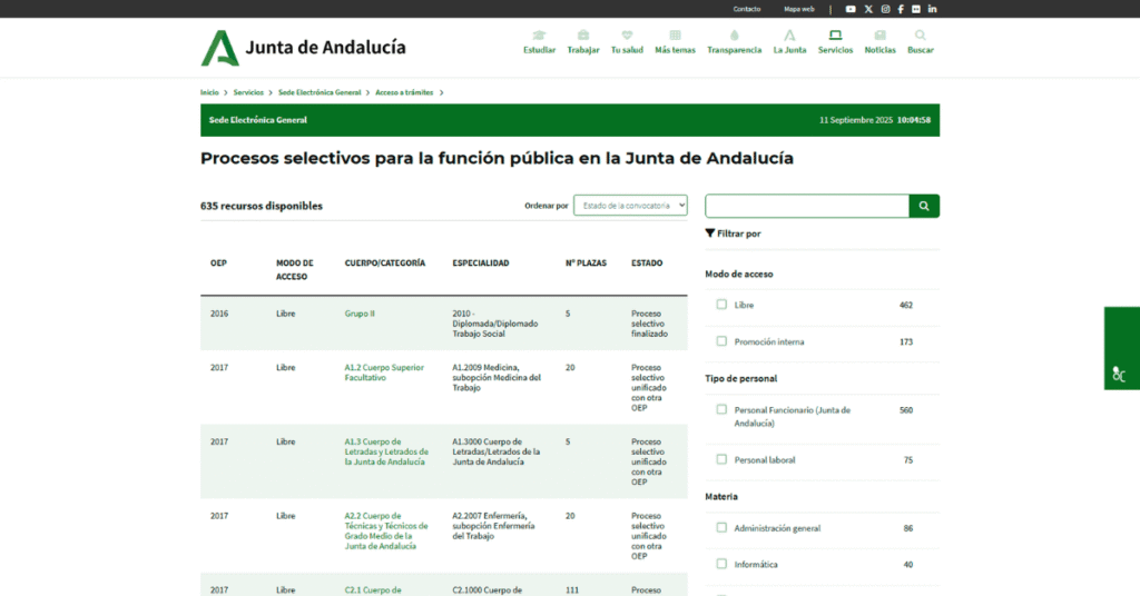 Procesos selectivos para la función pública en la Junta de Andalucía
