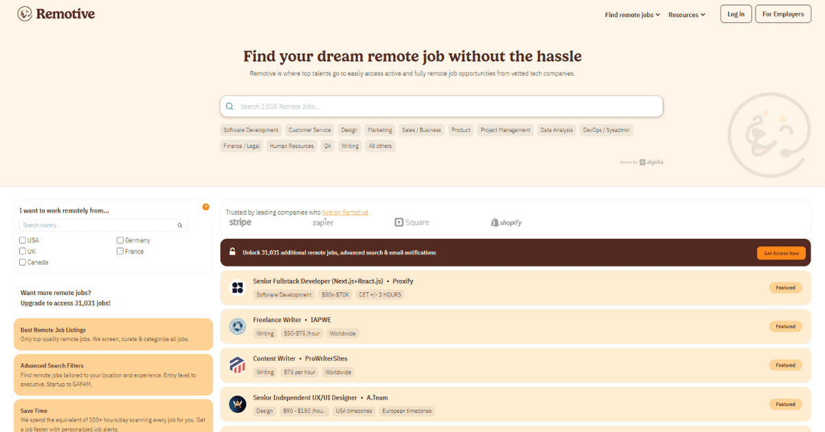¿Estas buscando empleo para trabajar desde casa? Remotive es la plataforma que te da acceso a miles de oportunidades en empresas verificadas 2 Página de inicio de Remotive, plataforma de empleo remoto